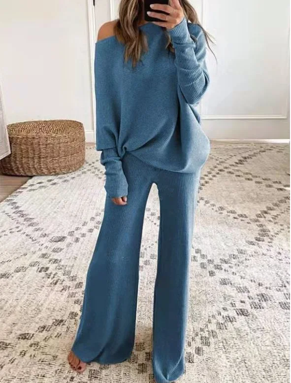 Fashion Long-sleeved Bateau Collar Top + Wide-leg Pants 2-piece Set Women Elegant Autumn Solid Knitted Loose Commute Suit Female