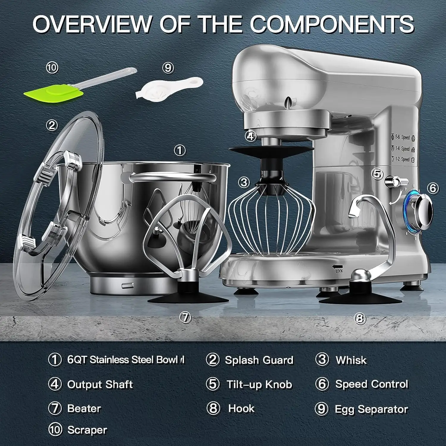 Batidoras de pie para el hogar, batidora de masa eléctrica con cabezal inclinable de velocidad 660W 6+P, batidoras de alimentos para uso diario con ganchos para masa, batidor, batidor