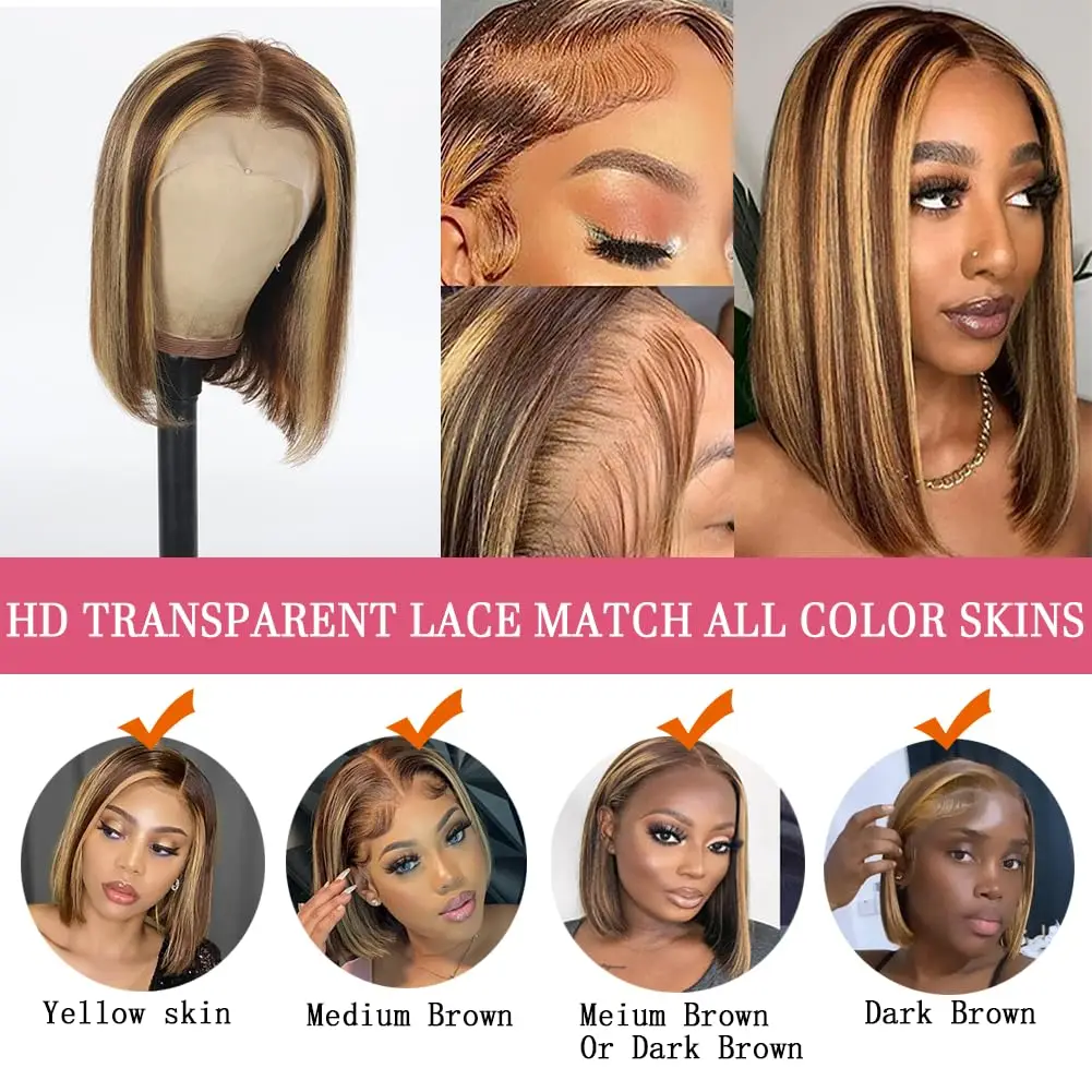 Honey Blonde Lace Front Bob Peruca para Mulheres, Cabelo Humano, Destaque, Transparente, 13x4, HD, 4/27