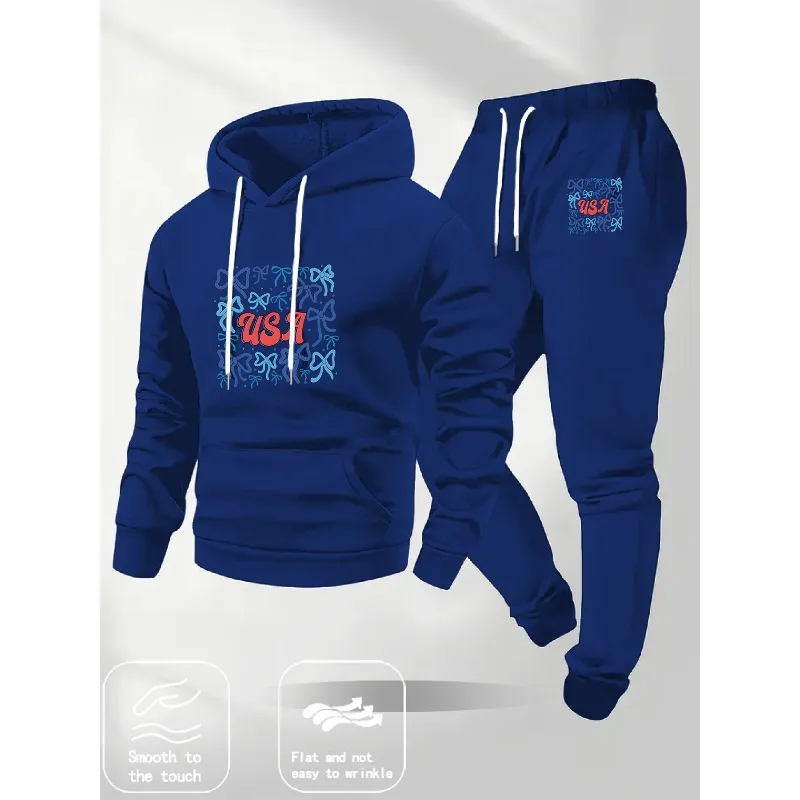 Pantalon à capuche imprimé en 3D pour hommes, mode rétro, printemps été, avec Logo américain et nœud bleu