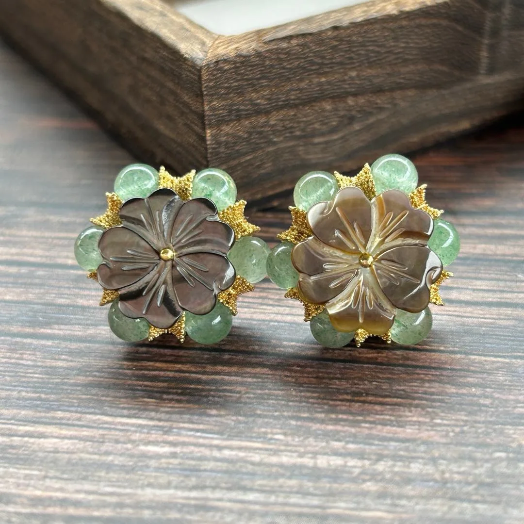 Medieval vintage retro natural shell green strawberry crystal Italian granny handwoven stud earrings