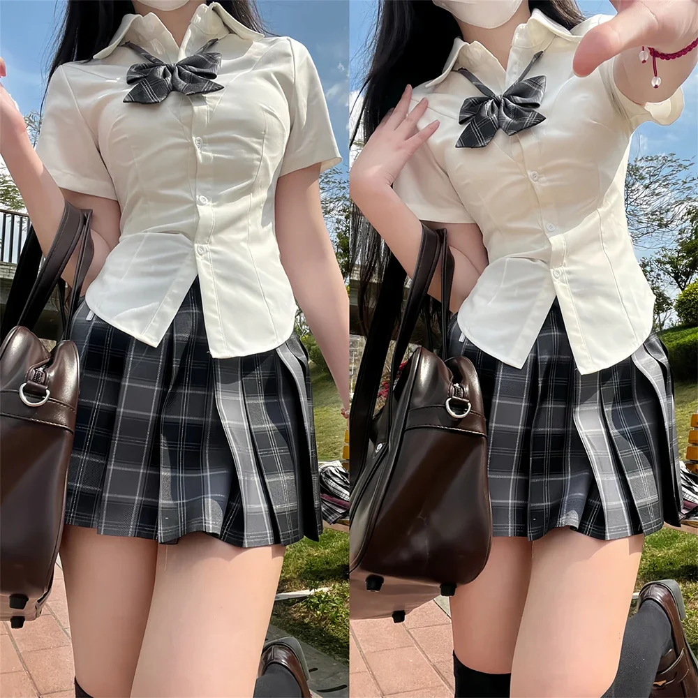 Japanese School Uniform Girl Jk Shirt 3Pc Set Various Styles Long&short Sleeve Plaid Pleated Skirt with Bow Graduation Costumes