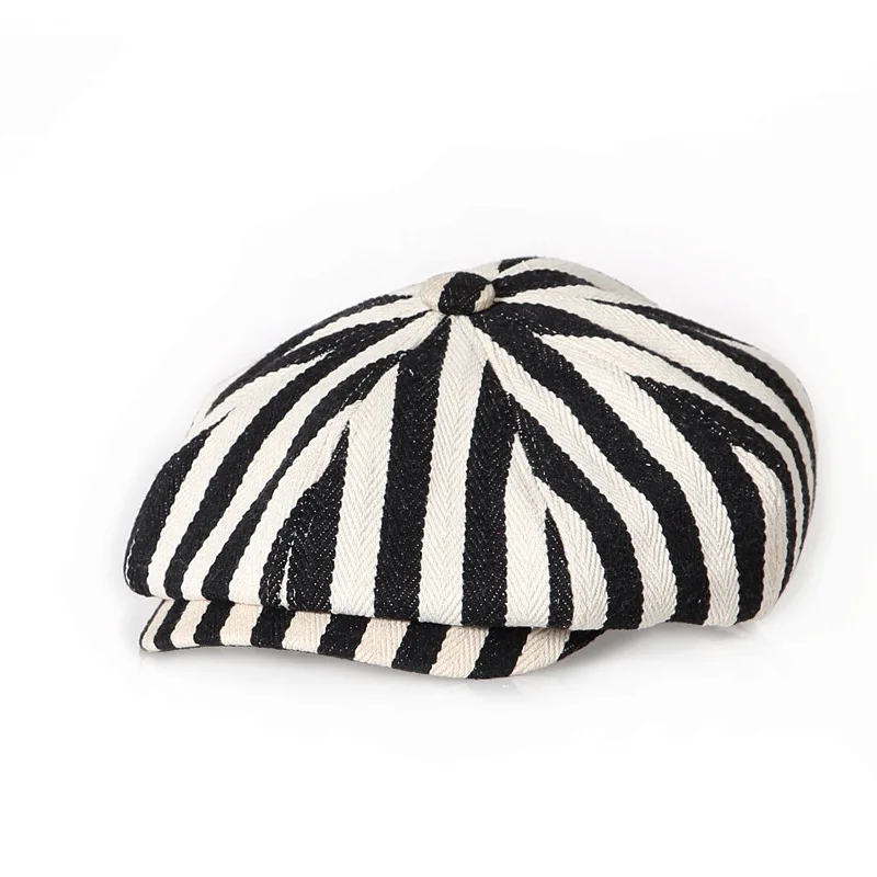 Parent-child Yarn-dyed Denim Thick Striped Cloth Painter Hat Newsboy Hats for Kids Classic 8 Panel Striped  Peaked  Berets Cap