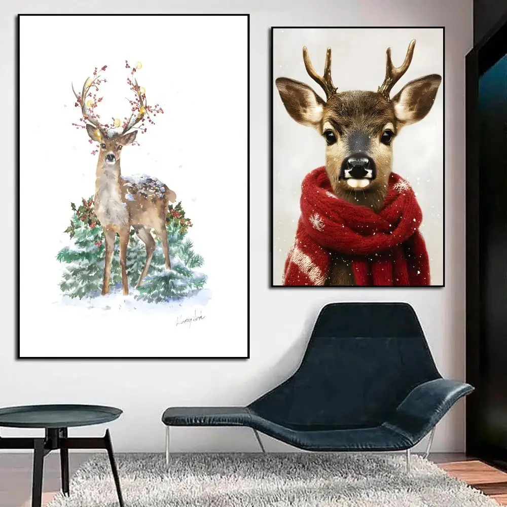 Christmas Deer Snowscape Poster HD PVC Waterproof Wall Art - Self Adhesive Scratch Proof For Home Office Bar