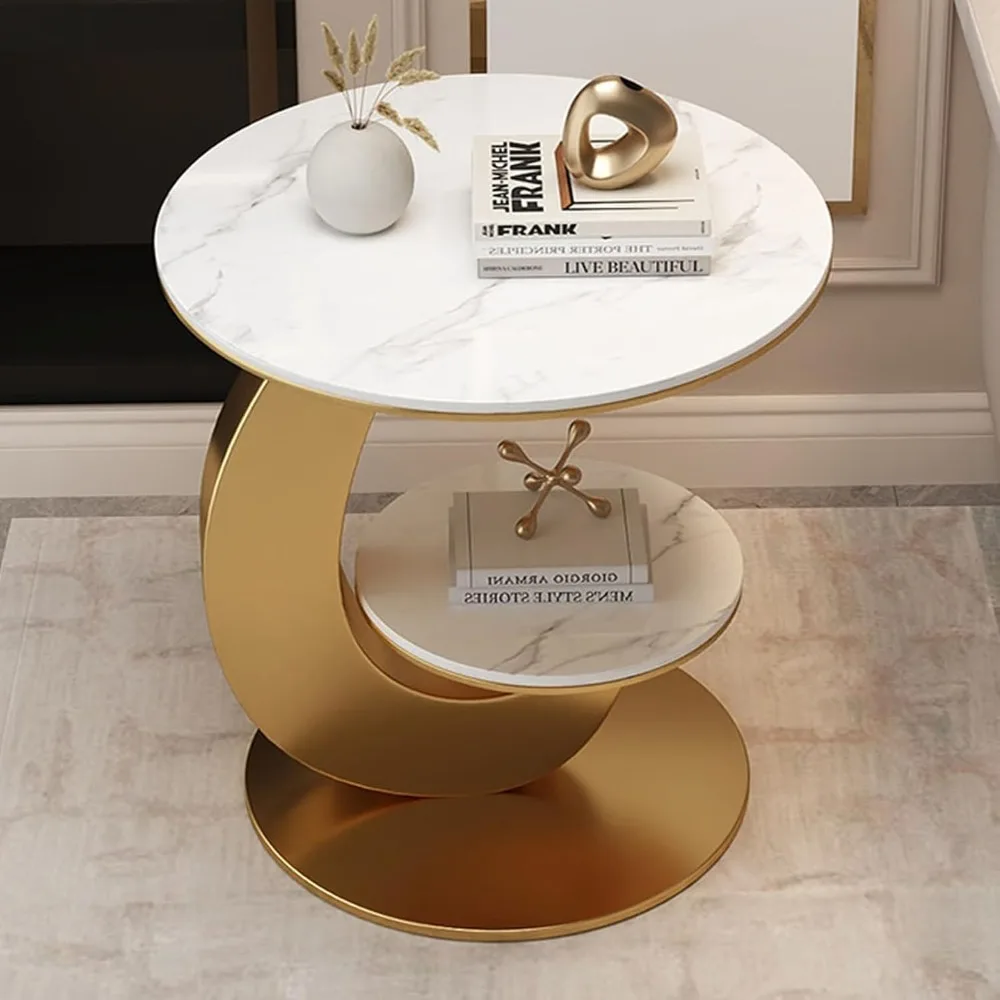 Round Marble End Table,2 Tiers Side Table with Storage Shelf,c Shaped Sofa Side Table,Small Coffee Table,Bedside Nightstand