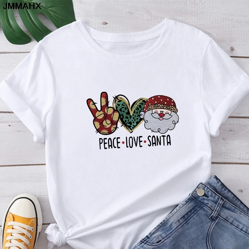 عيد الميلاد المطبوعة المرأة تي شيرت أزياء عارضة قصيرة الأكمام المرأة الأبيض أعلى تي شيرت