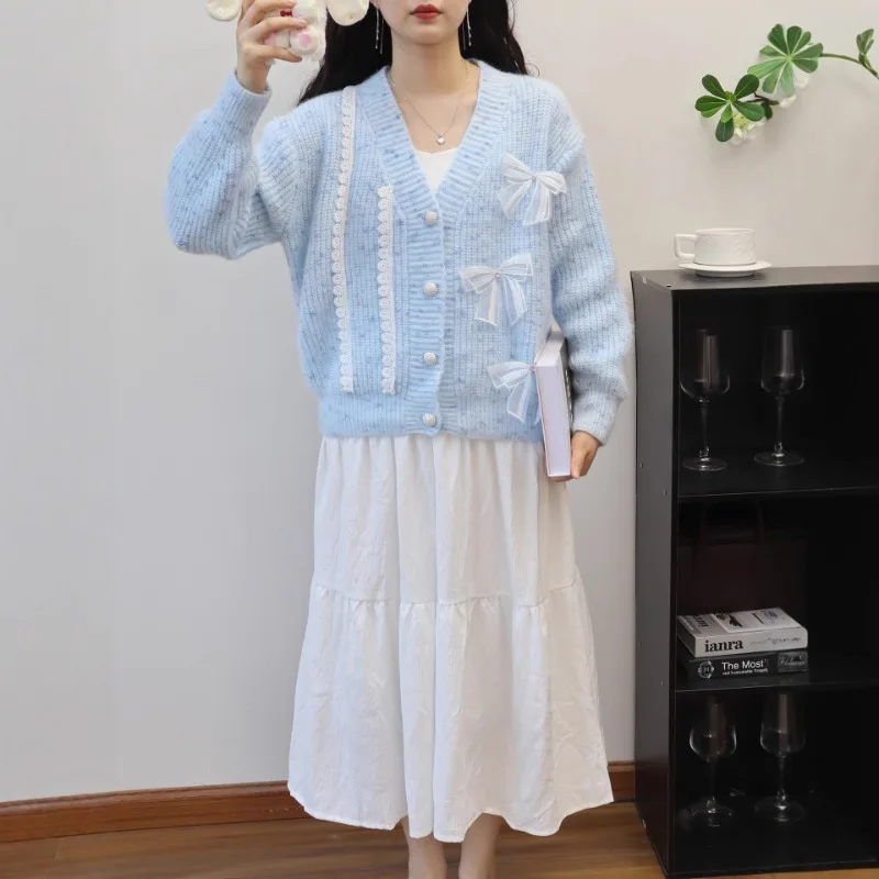 

2025 NEW Women Knitted Cardigan Casual Lace Sweaters 3D Bow V Neck Long Sves Single Breasted Loose Fit Ele Office
