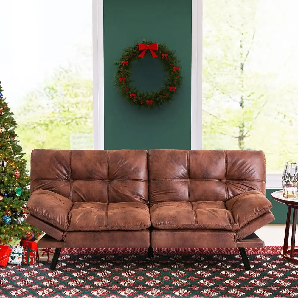 

Upgraded Leather Sofa Bed with Memory Foam, Splitback Design, and Convertible Armrests for Living Room (Brown)