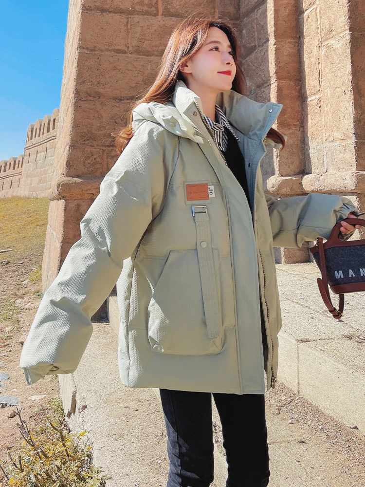 Winter Thiened down Cotton Jaet Women's ort Oversize Bread Sle Coat Korean Loose Fit Long Sve Zipper Closure