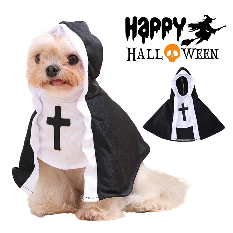 Pet Halloween Nun Priest Costume Funny Hooded Cosplay Outfit for Small Pets Jesus Cross Print Party Dress Up Photo Prop Apparel