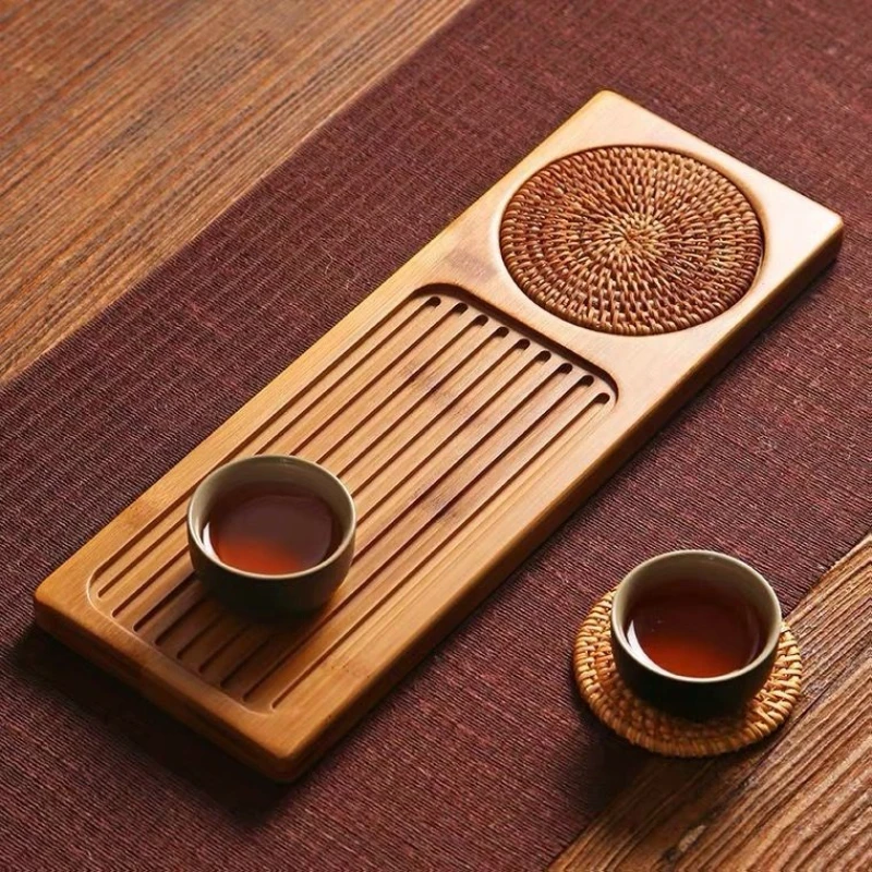 

Gong Fu Bamboo Kitchen Tea Tray Japanese Wooden Water Absorbed Tea Tray Rectangle Vassoi Da Portata Office Accessories YY50TT