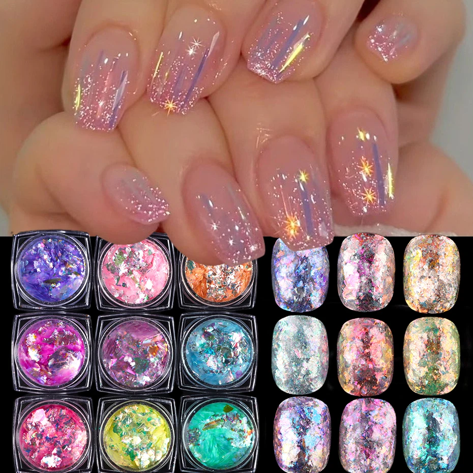 9pcs/Set Opal Powder Nail Enhancement Cloud Brocade Nail Powder Shiny Sparkly Holographic Irregular Flakes DIY Manicure Deco