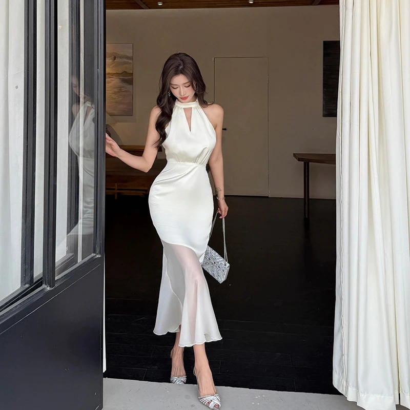 أنيقة البوق حورية البحر الساتان مكتب اللباس المرأة الصيف الجوف خارج الرسن الرقبة أكمام مثير فساتين الحفلات المسائية #4