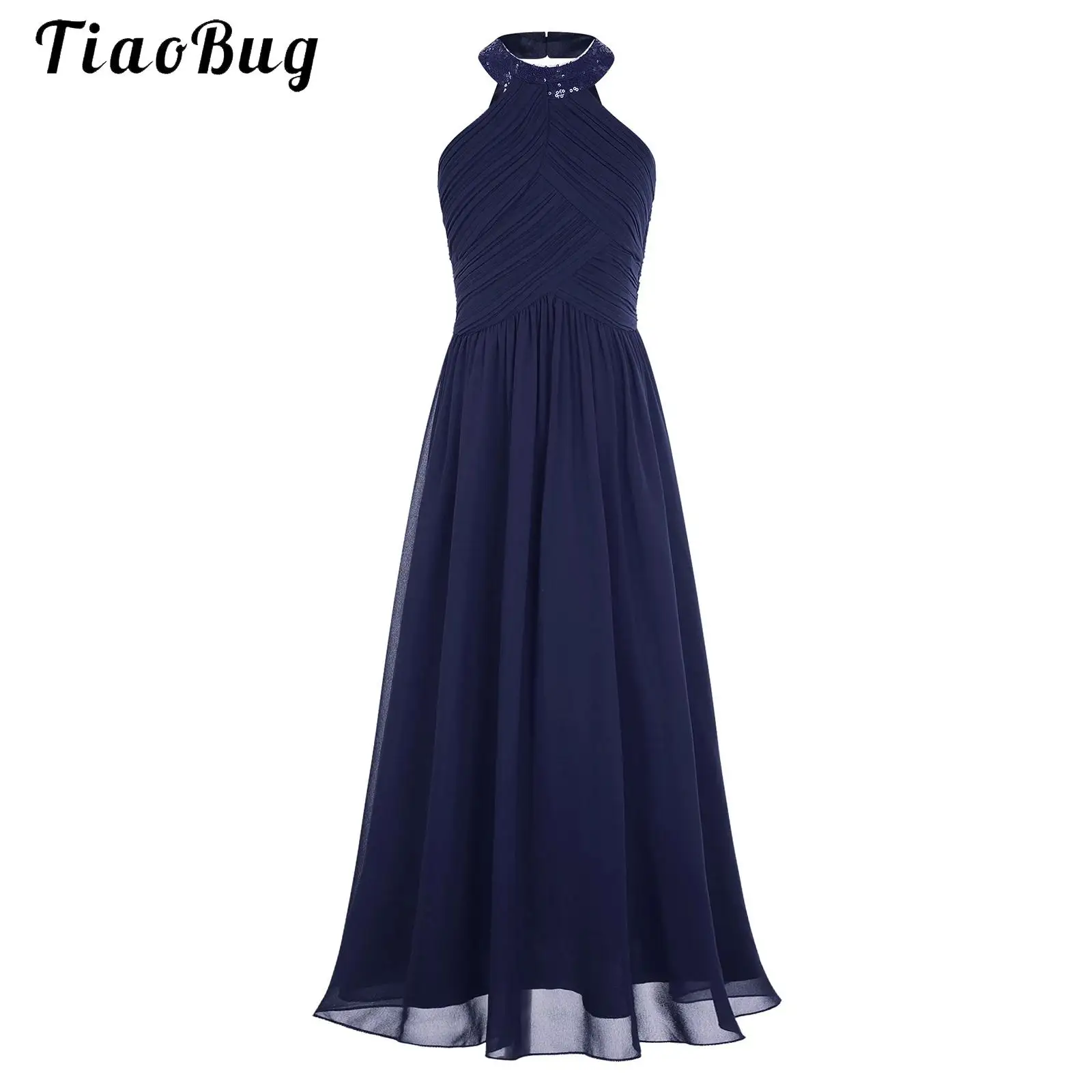 Kids Flower Girl Dress Elegant Halter Strappy Ruched Bodice Long Formal Dress Pageant Wedding Party Children Chiffon Dresses