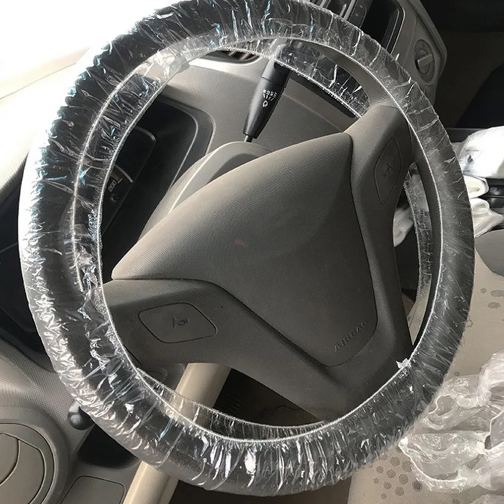 100Pcs/Set Universal Car Disposable Transparent Steering Wheel Cover Elastic Waterproof Plastic Safety Isolation Protection