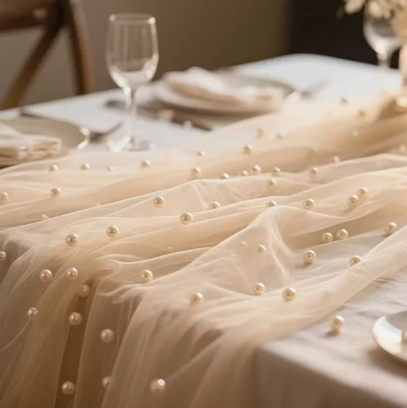 1pc Pearl Chiffon Table Runner Semi Transparent Gauze Mesh Table Cloth for Outdoor Wedding Bridal Shower Party Home Dining Decor