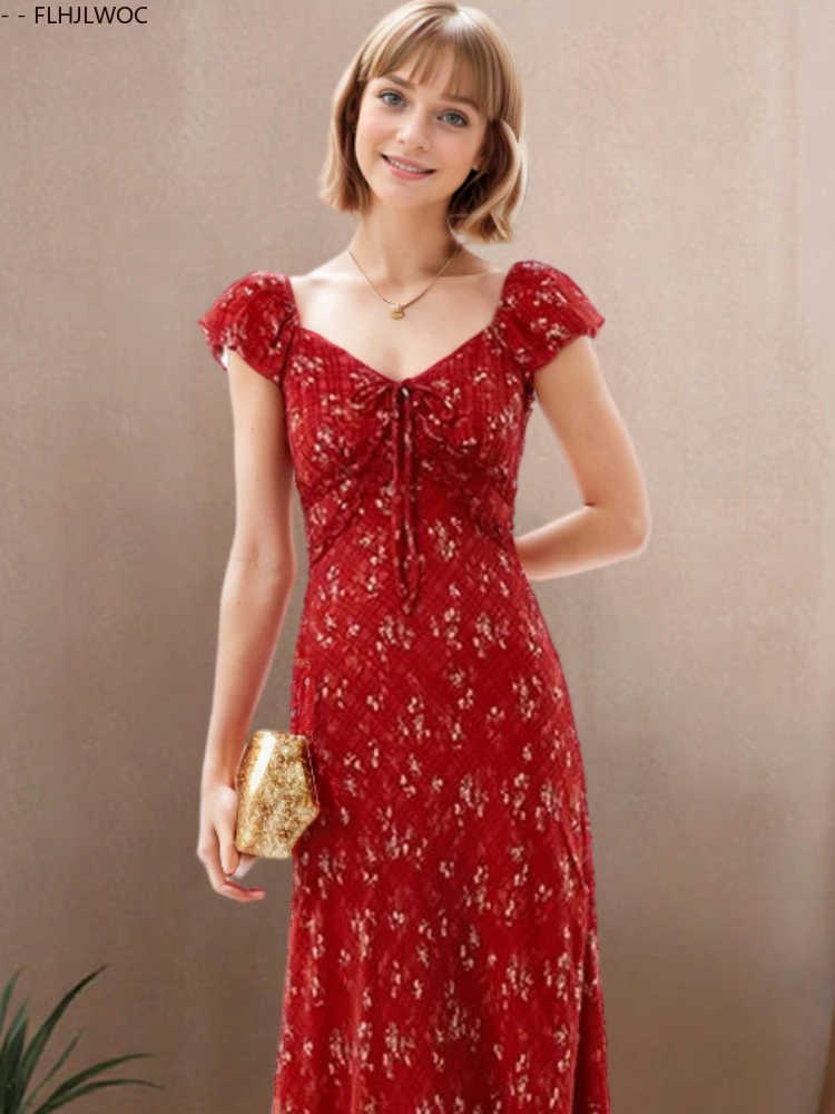 Retro Vintage Korea Japan Stil Mädchen Floral Rot Langes Kleid Sommer Kurzarm Urlaub Niedliche Blume Chiffon Fliege Hemd Kleid