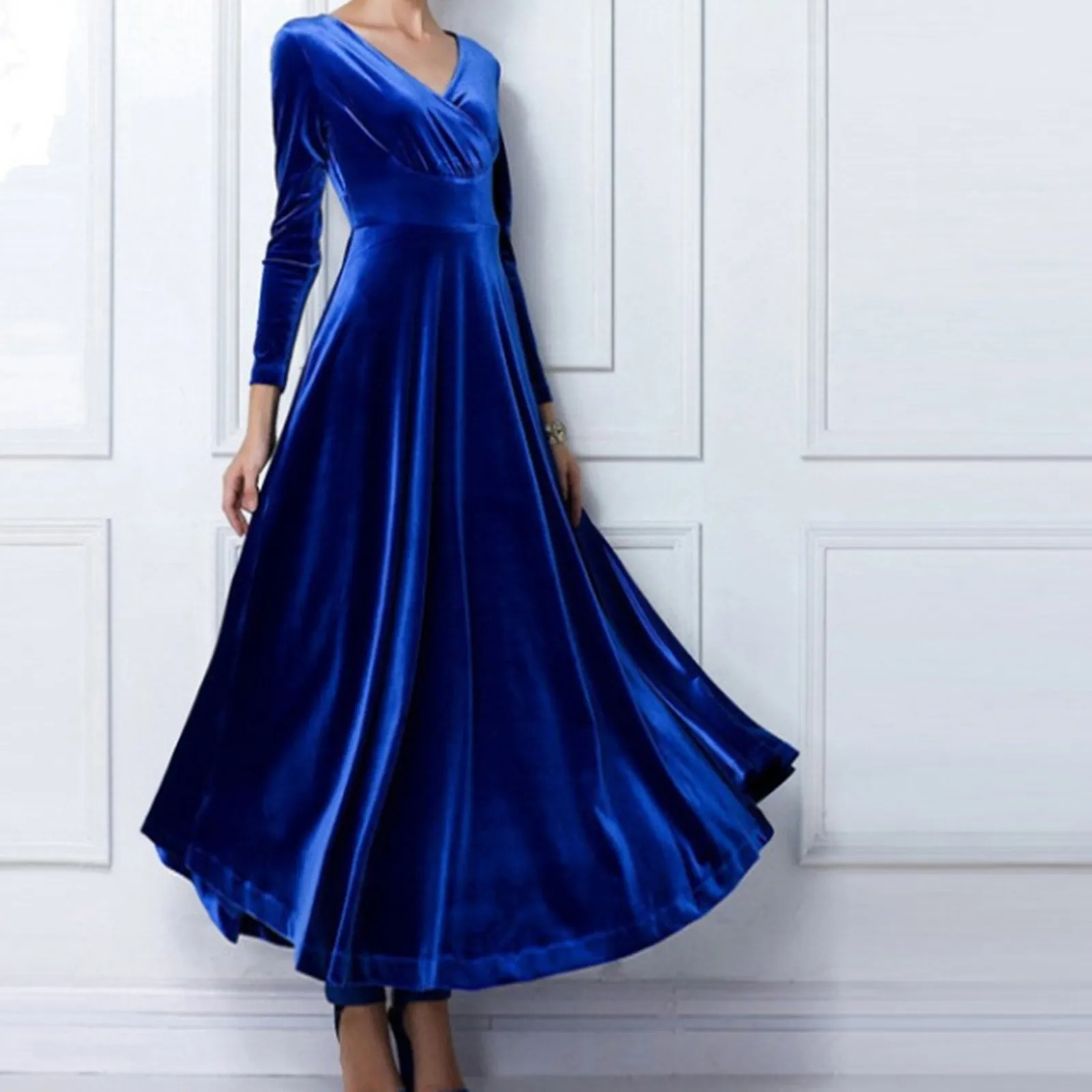 Robe en velours plissé à manches longues et col en V pour femme, robe maxi vintage pour banquet, fête de mariage, robe de soirée élégante, automne