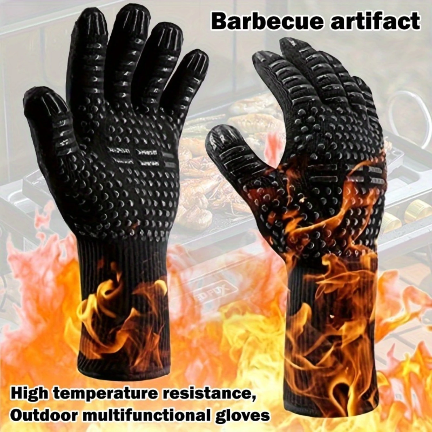 

BBQ Grilling Gloves, Heat Resistant Oven Gloves, Cut Resistant Mitt, Non-Slip Silicone BBQ Gloves For Kitchen, Grill, Camping, A