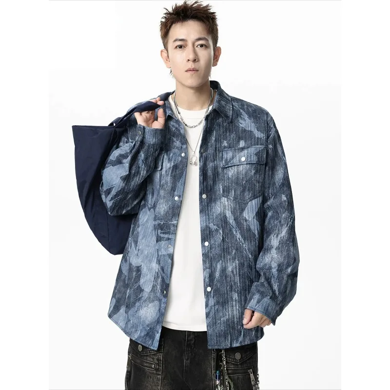 

Casual Tie-Dye Long Men's Shirt Jacket Plus Size Lapel Spring Autumn Outerwear Loose Fit Comfortable Coat Men Clothing