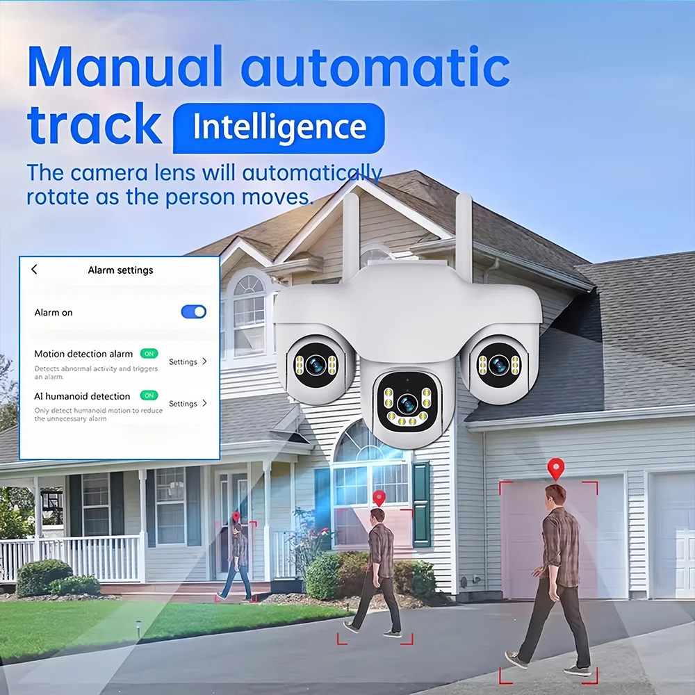 كاميرا واي فاي 15 ميجابكسل، ثلاثة عدسات PTZ، ثلاثة كاميرات IP، تتبع تلقائي بشري، خارجي مقاوم للماء، مراقبة أمنية ذكية CCTV