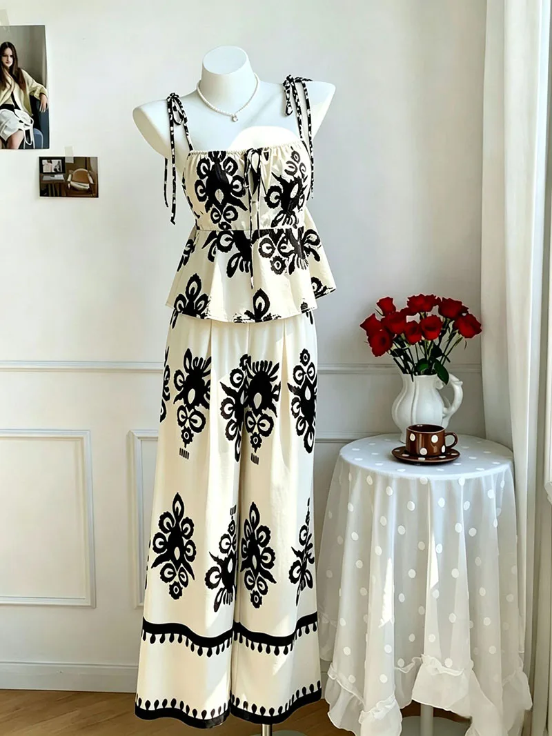 Summer Wave Point Butterfly Festival Fresh and Sweet Small Strap Top Pants Set Two piece Women's Ins Style Aging Reduction Set