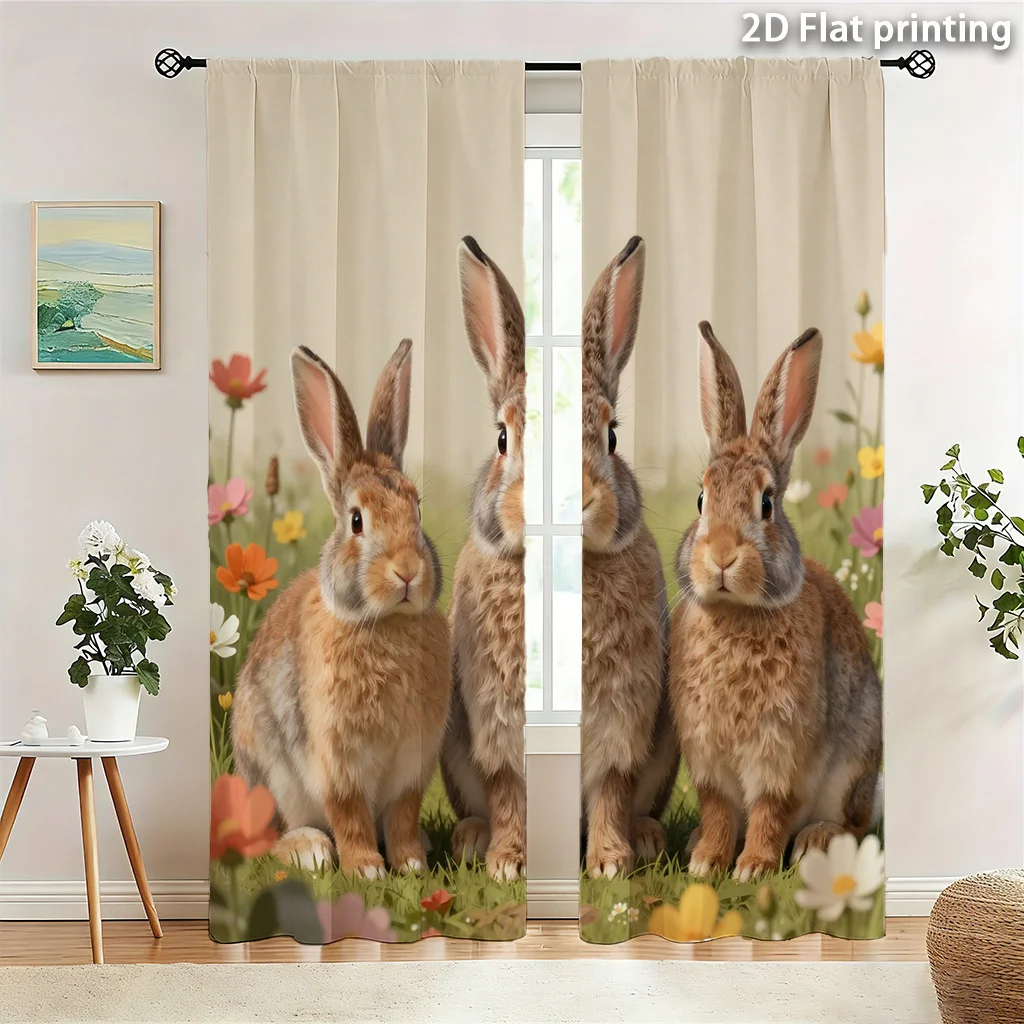 Cute Rabbit Family Meadow Curtains Window Drapes Home Decoration Woodland Spring Floral Nature Decor