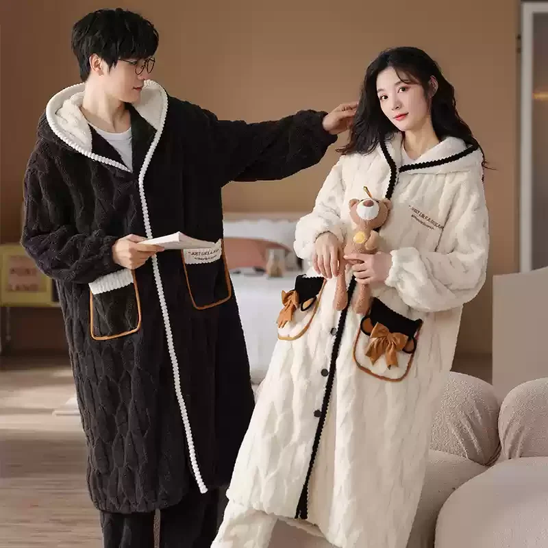 Velvet Couple Pajamas Autumn/Winter Thickened Warm Hooded Outer Wear Plus Size Casual Home Clothes Men's Pijama Suit Flannel Pjs