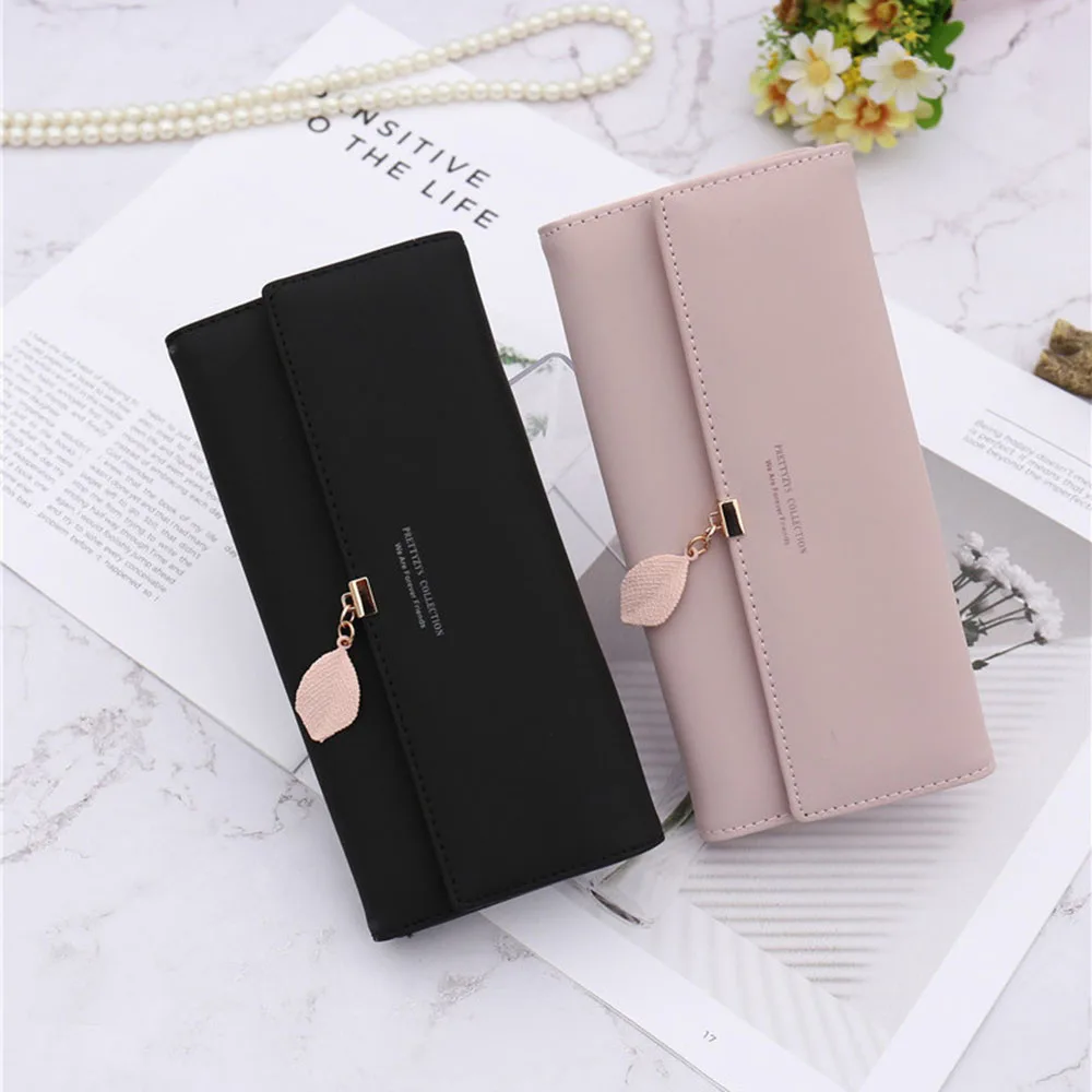 Solid Color Women Leather Bag Long Zipper Coin Purse Printed Card Holder Large Capacity Clutch Bag Fashion Portable Bags