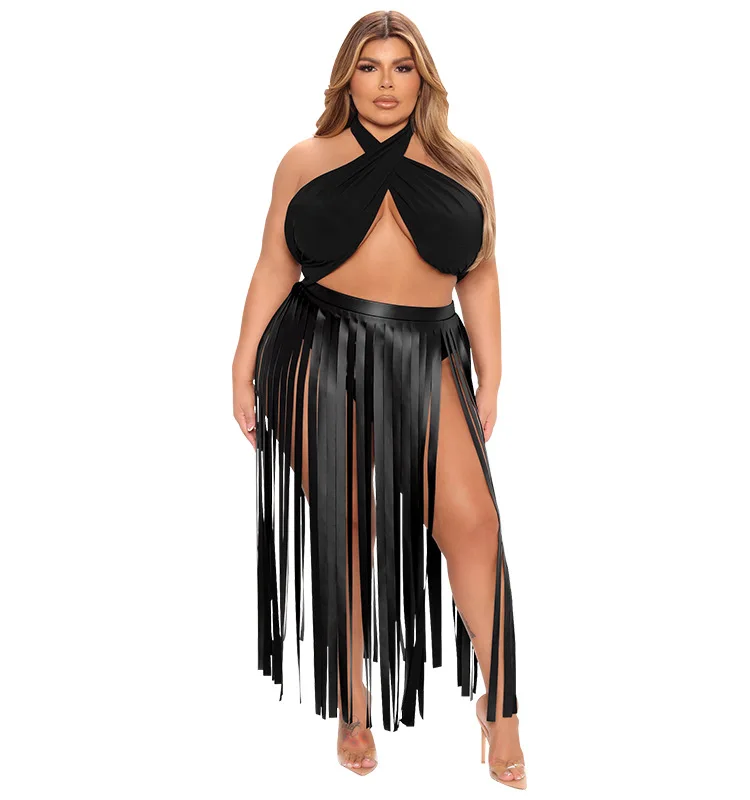 5xl Quần Áo Mùa Hè Cho Nữ Halter Top Tua Rua Áo Phù Hợp Với Gợi Cảm Balck Plus Kích Thước Hai Mảnh Bộ Clubwear Sỉ Dropshipping