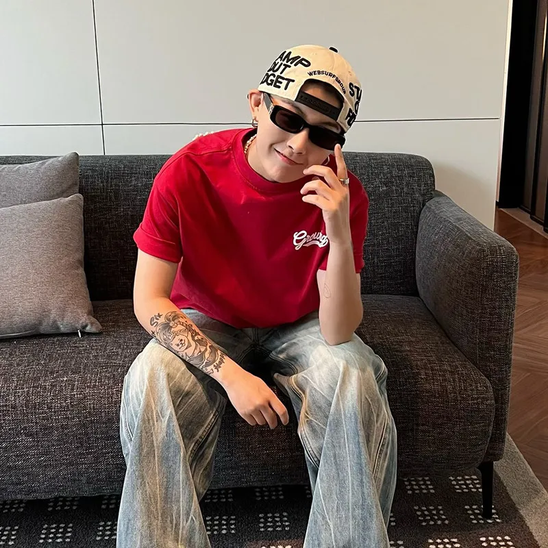 2026 Summer New Fashion American Style Loose Casual Daily Men's Red and Black Letter Beaded Round Neck Short Sleeve T-Shirt