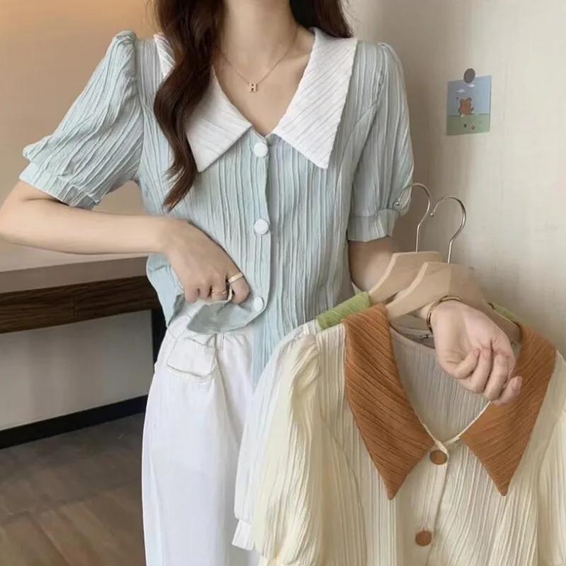 M-4XL Large Size Shirring Shirts Women Summer Fashion Puff Sleeve Peter Pan Collar Blouse Oversize Splicing Tops 2023 Clothing