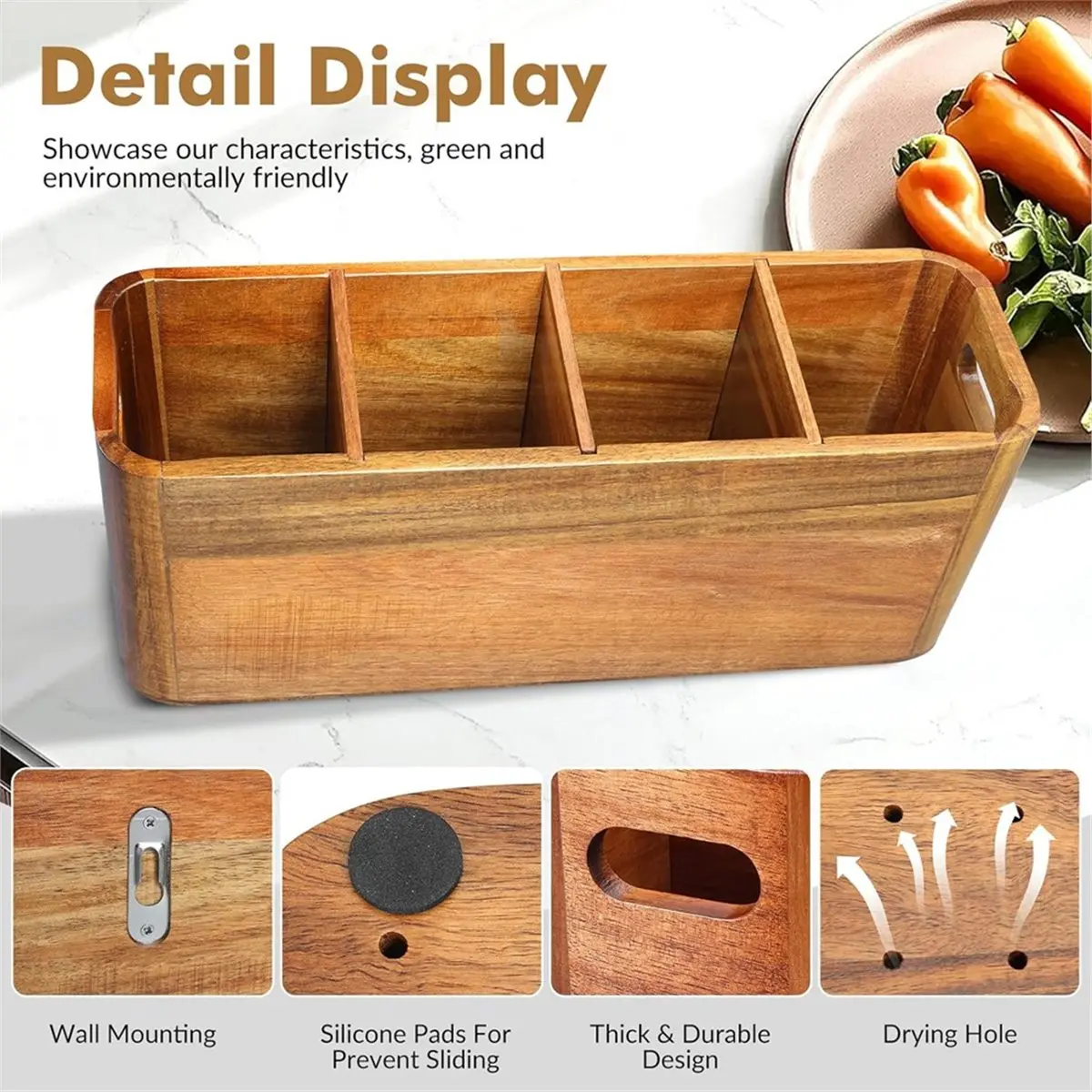A50U Kitchen Utensil Holder,Rustic Minimalist Decor Wooden Storage for Cooking and Silverware, Counter or Countertop