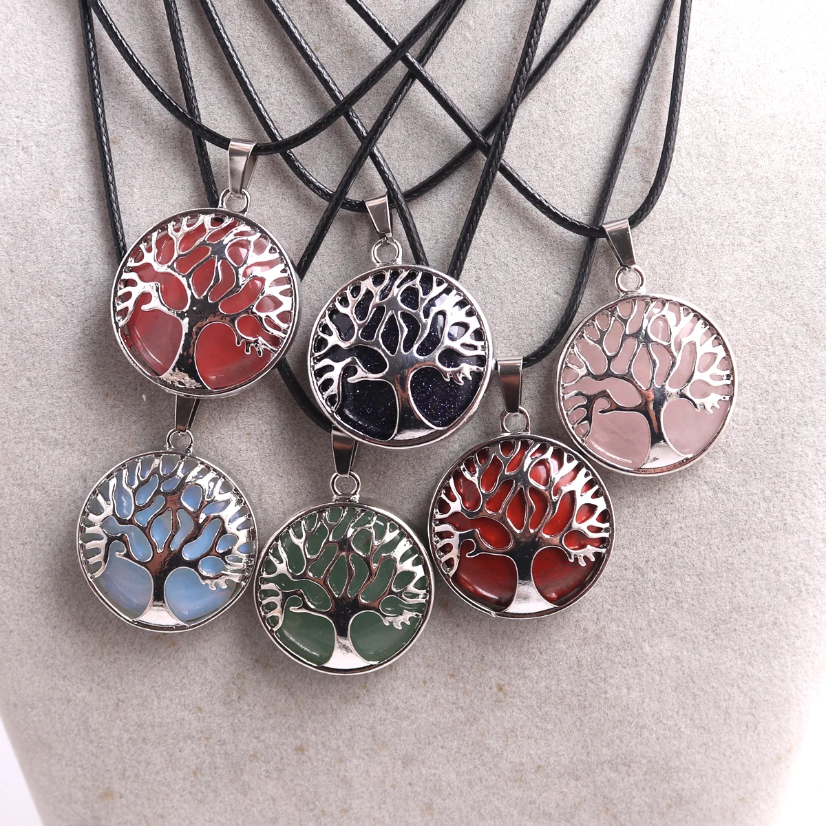 1PCS  Life Of Tree Alloy Natural Stone Pendant Necklace Tiger Eyes Crystal Quartz Healing Energy Meditation Men Jewelry