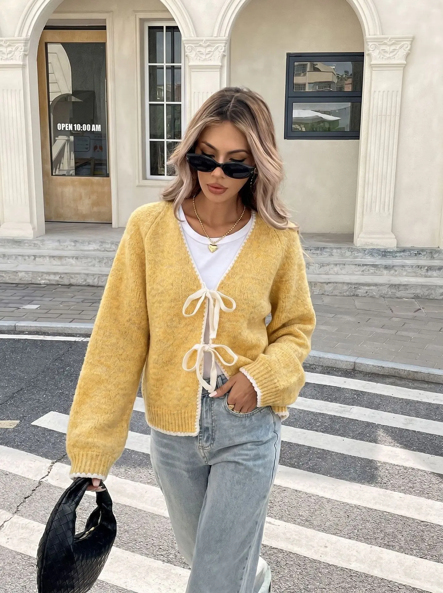 2026 Fall Winter Women's Bow Tie Knit Cardigan Color Block Loose Casual Sweater Coat Trendy Outwear