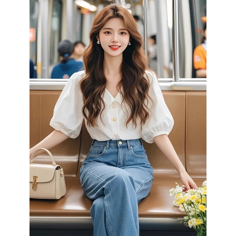 Chemisiers blancs pour femmes, chemises coréennes, mode Slim Fit printemps/été, vêtements de bureau pour dames, couleur unie, manches courtes, hauts pour femmes