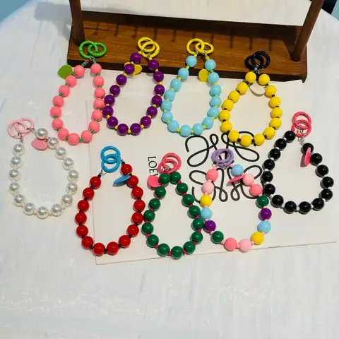 Korean Cute Colored Love Heart Beaded Pendant Strap Cord For iPhone Samsung Lovely Keyring Bag Women Phone Chain Hanging Gift