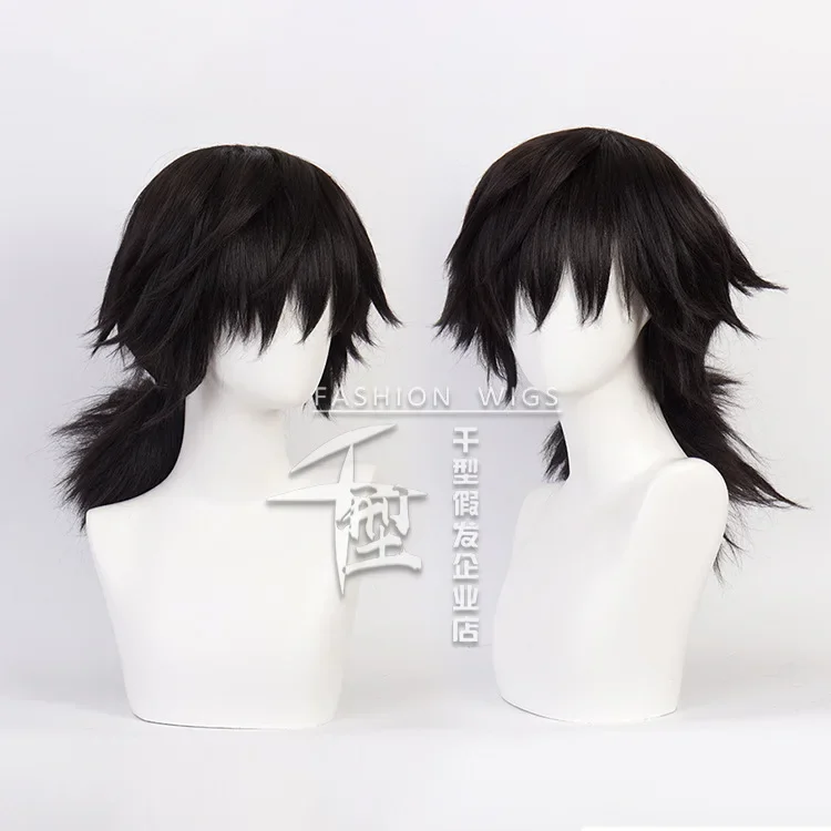 Tomioka Giyuu-Peluca de Cosplay de Anime Unisex, pelo negro grueso y esponjoso con cola de caballo, pelucas de vestir para escenario, accesorios de disfraz de fiesta