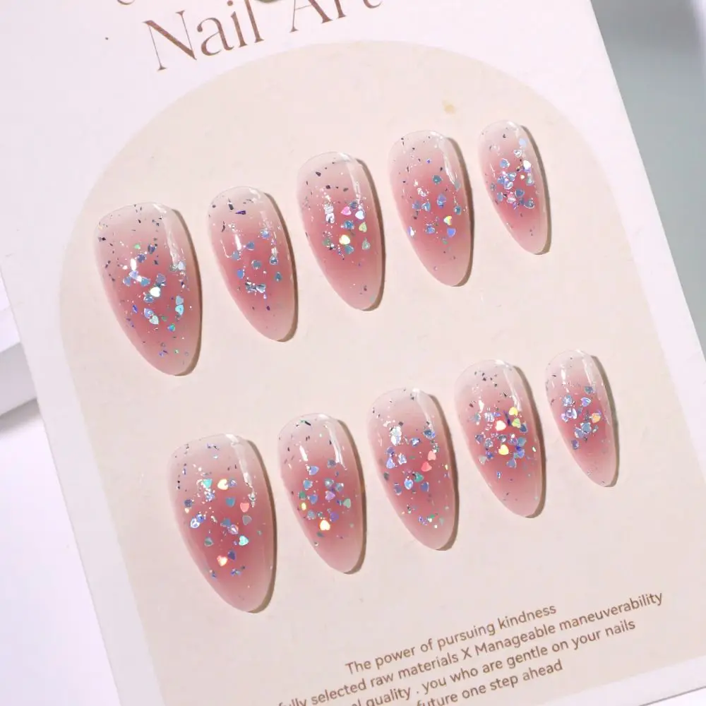 

24pcs Manicure Long Almond False Nails Metallic Bow French Press on Nails 3D Flower Glitter Sequins Nail Tips DIY