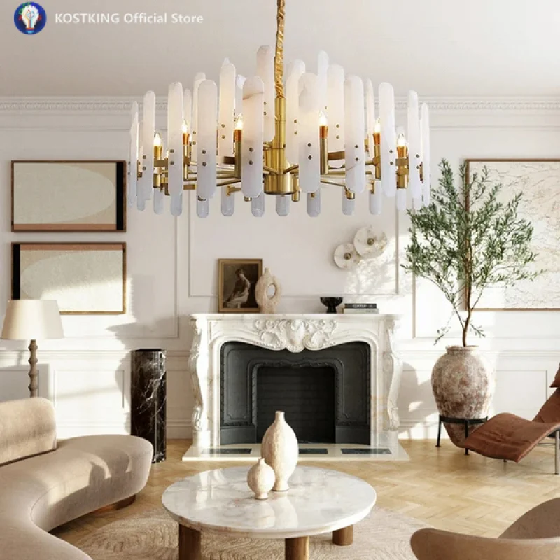 Home Deco E14 LED Natural Marble Collection 2025 Chandelier Alabaster Hanging Lamps Suspension Luminaire Lampen For Living Room