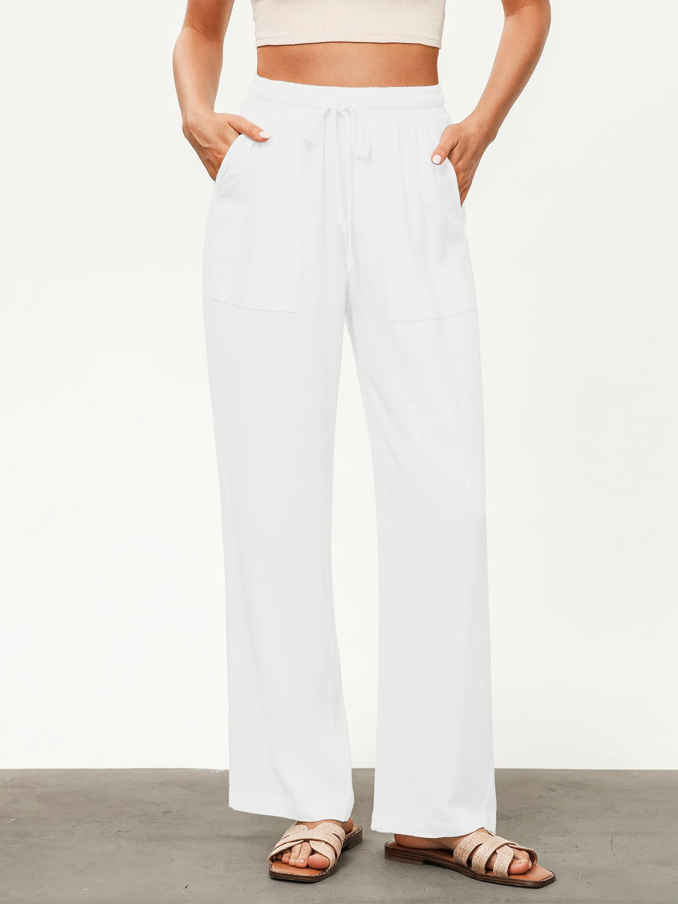 Einfarbige, lockere, weit geschnittene Hose für Damen, lässige, gerade Hose mit Kordelzug, lässige Hose mit Taschen, lockere Hose mit hoher Taille – Detail 10