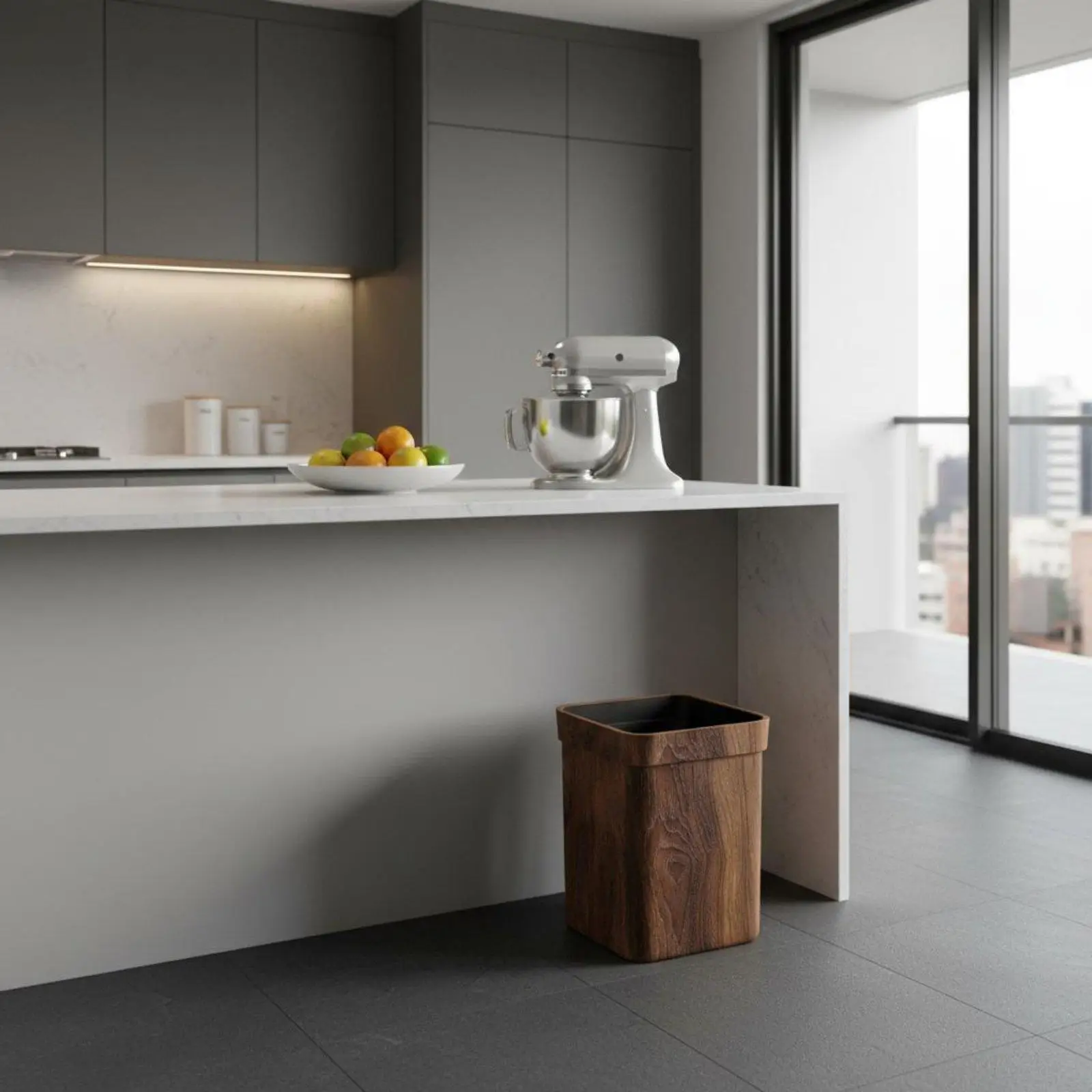 Rectangular Wooden Waste Basket Aesthetic Trash Bin with Hidden Bag Strap Modern Household for Living Space