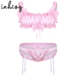 Mens Sissy Lingerie Set Satin Frilly Ruffled Bra Tops with Bikini Thong Panties Gay Male Sexy Crossdressing Underwear Sets