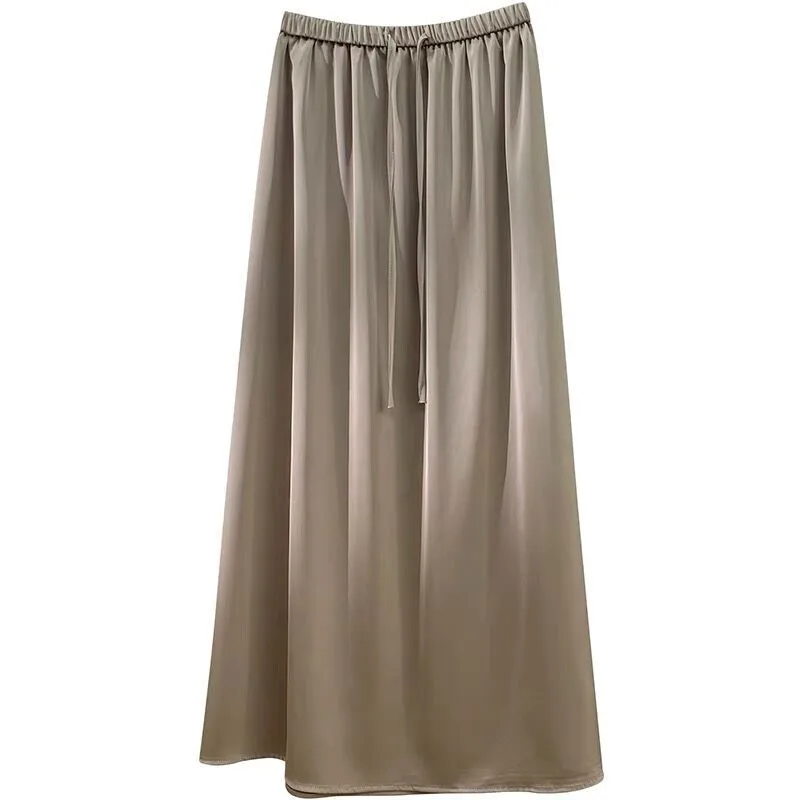 

Japanese Harajuku Solid Silk Satin Skirts for Women Lace Up Skirt For Women 2024 A-Line Elegant Skirt Summer Boho Maxi Skirt 7XL