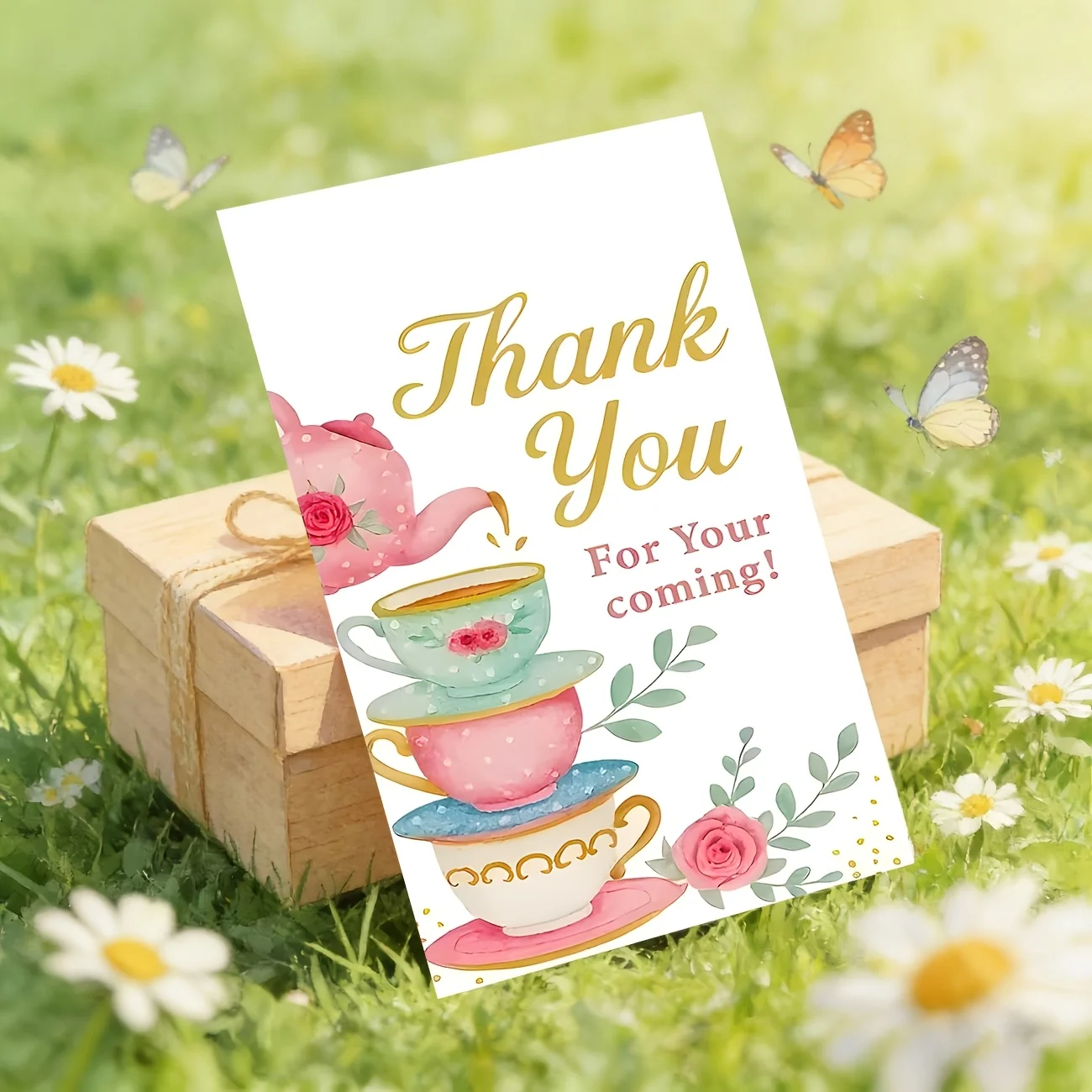50PCS Brightly Colored Tea Party Design Thank-you Cards, Perfect Combination of Tea Set and Flowers, Beautiful Art Style Design