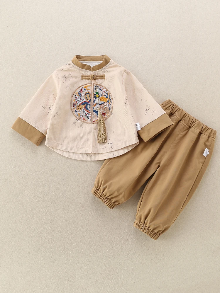 

Spring Autumn Baby Rer Suit Boy Girl Embroidered Stand Collar Button Long Pants Two Piece Set Children's Clothing