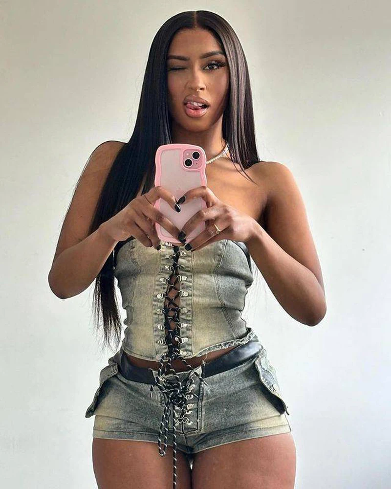 Denim Corset Top with Strapless Shorts Two Piece Jean Sets for Women Summer Wear Acid Wash Stretch Suit 2 Piece Short Set Outfit