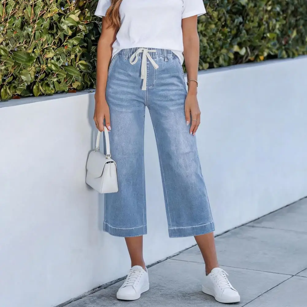 Cropped Pants For Women Wide Leg Jean Capris Women Stretchy Cropped Summer Pants Loose Drawstring Denim Cropped Capris Jeans