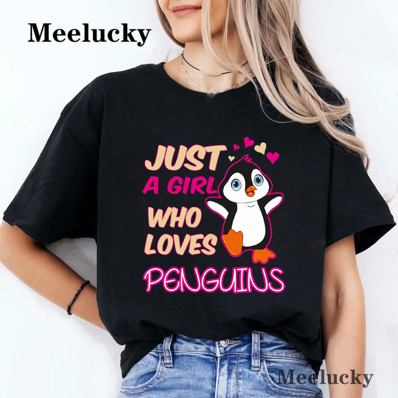 Just A Girl Who Loves Penguins Casual Trend Cute Style Women's Short Sleeve Printed T shirt Pattern T shirt Top Fashion Summer