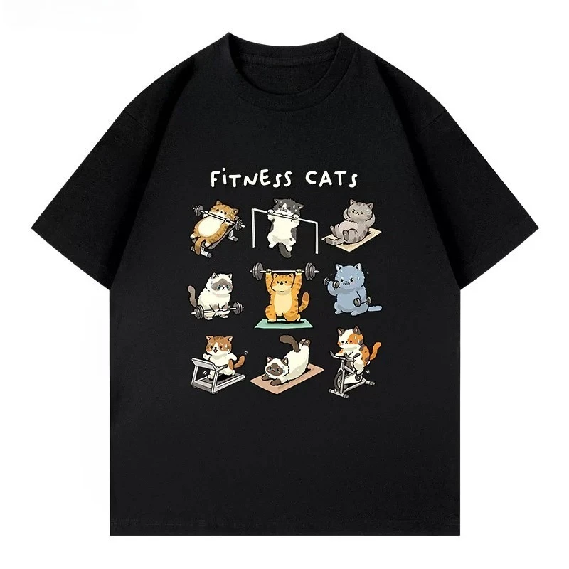 Fitness Cat T-shirt - New Cute Cartoon Print Short-sleeved Men's and Women's Retro T-shirt, Loose Fit for Slimming Effect
